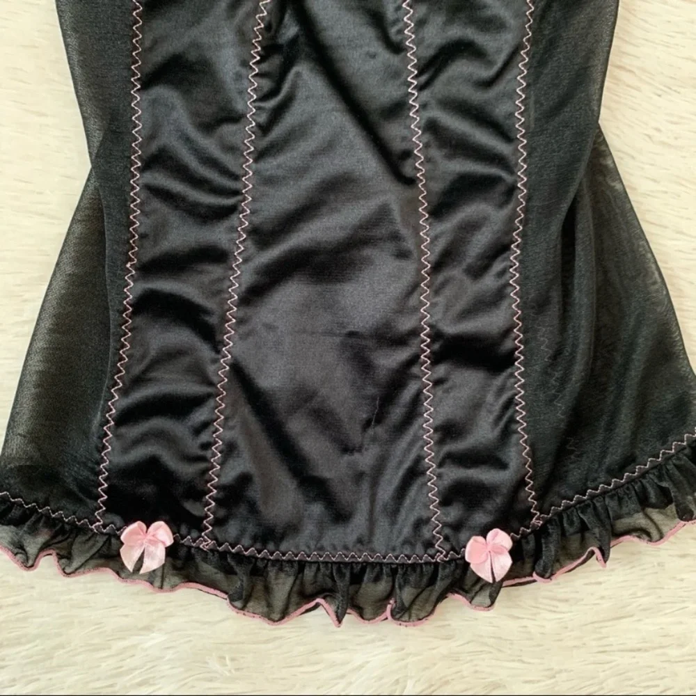 Vintage Y2K Black Satin Corset Style Slip w Pink Trim Set